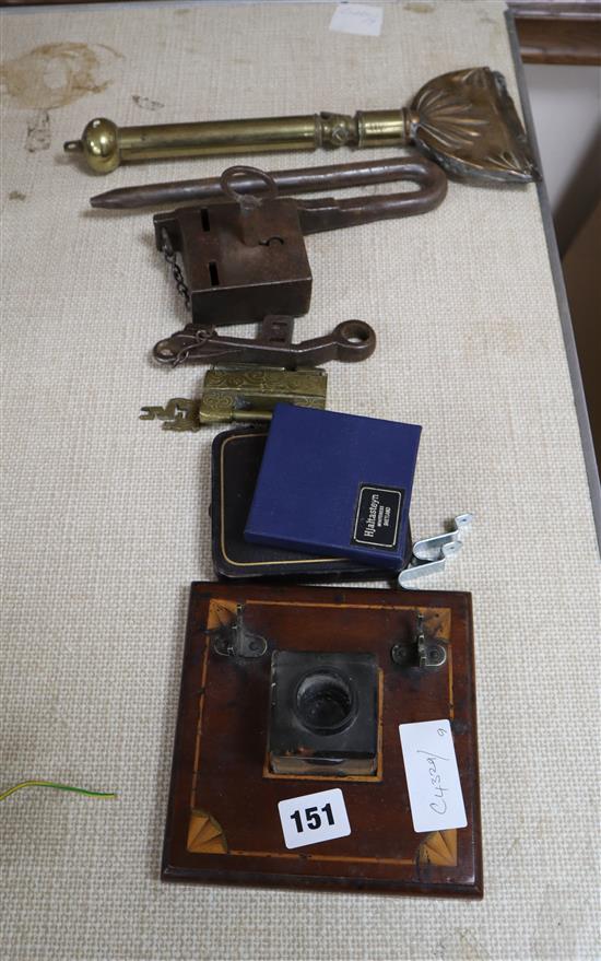 Two locks, medals, an ink well etc